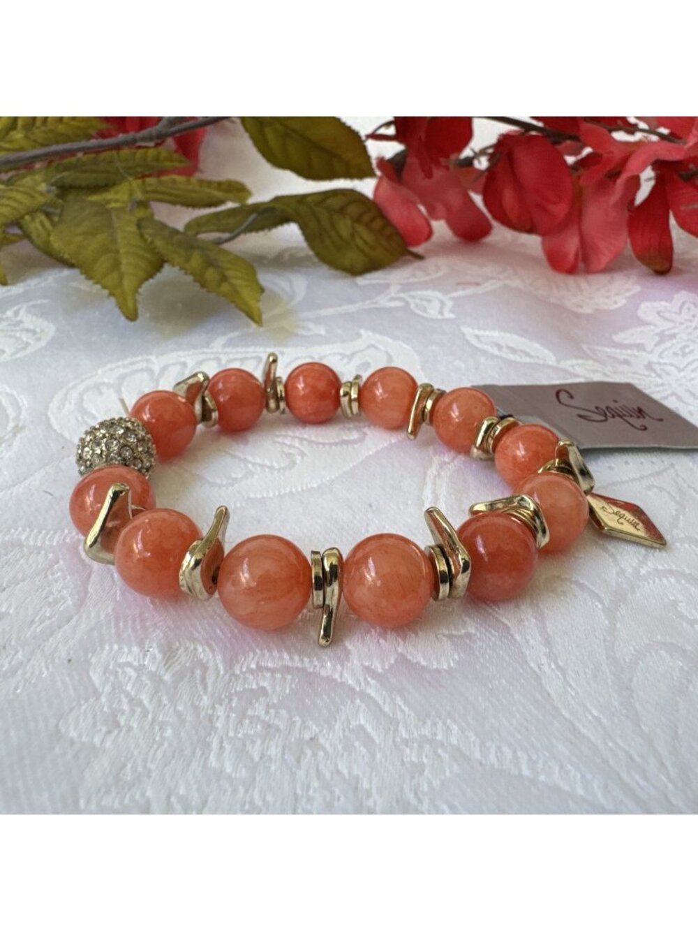 Sequin Brand Coral Beaded Charm Bracelet Orange Rhinestone Goldtone 8" NEW